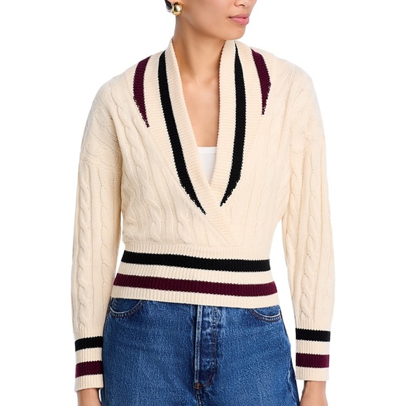 New Steve Madden V-Neck Sweater in Cream with Black and Burgundy Stripes size M - Picture 3 of 11